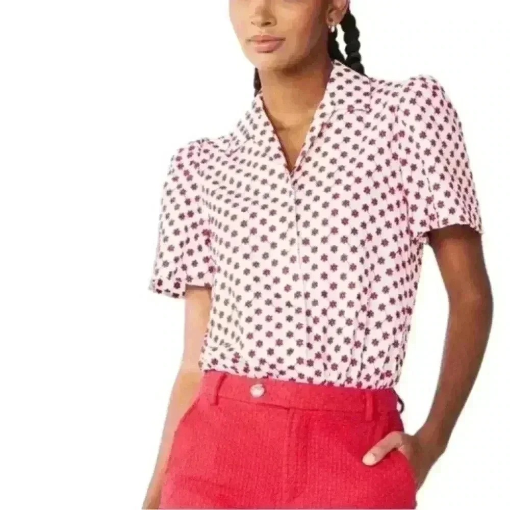 DRAPER JAMES RSVP Women’s Floral Eyelet White Red Print Bodysuit Shirt Sz L